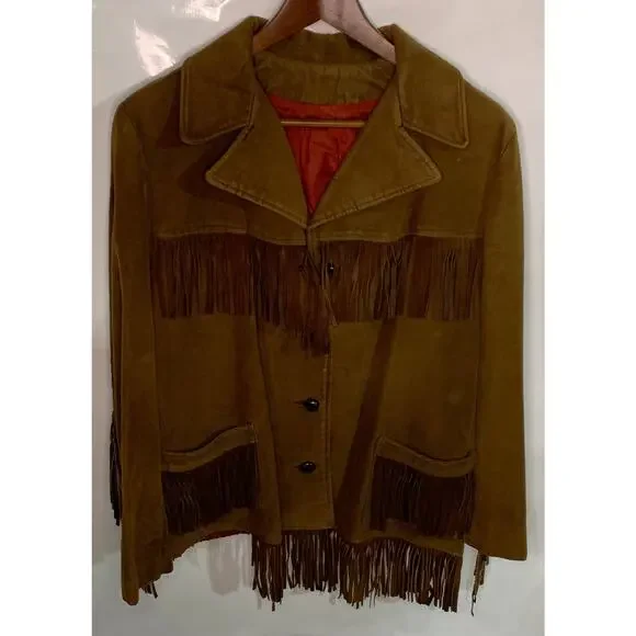 Western vintage brown jacket microsuede with real suede fringe sz 14 - Picture 3 of 5